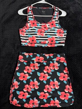 ZELOS 2 Piece Activewear/Swim Set with Coral Flowers. Crop Top and Skirt.